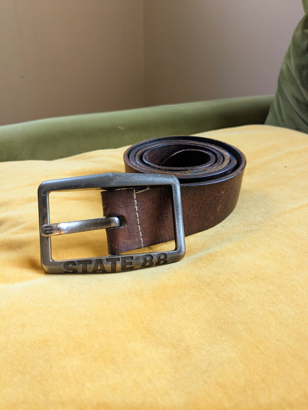 Brown Leather Belt with Heavy Silver Buckle from State 88
